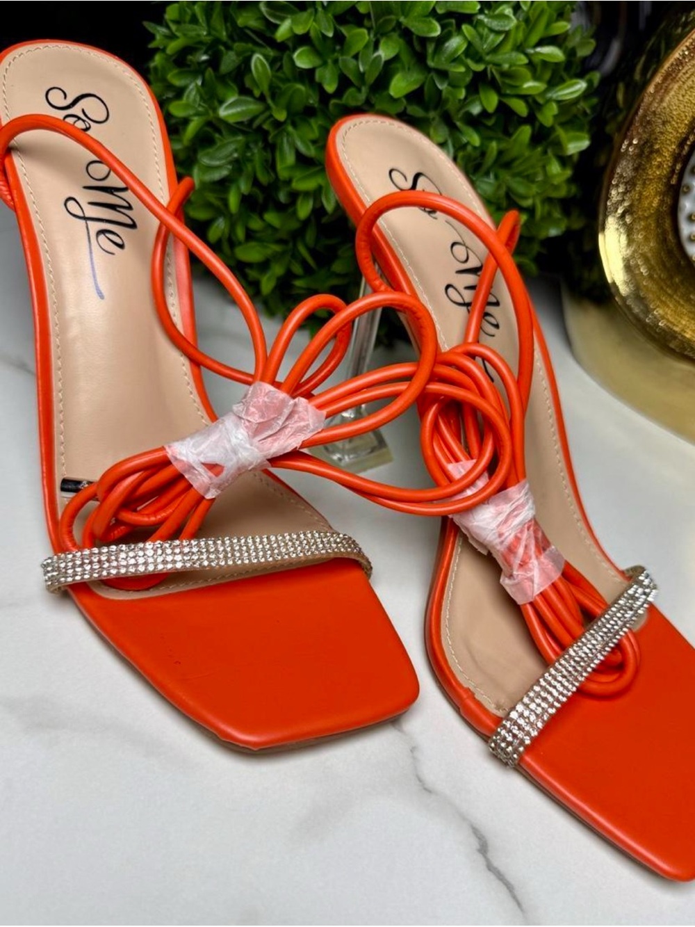 So Me Orange Rhinestone Lace-Up Square Toe Heels